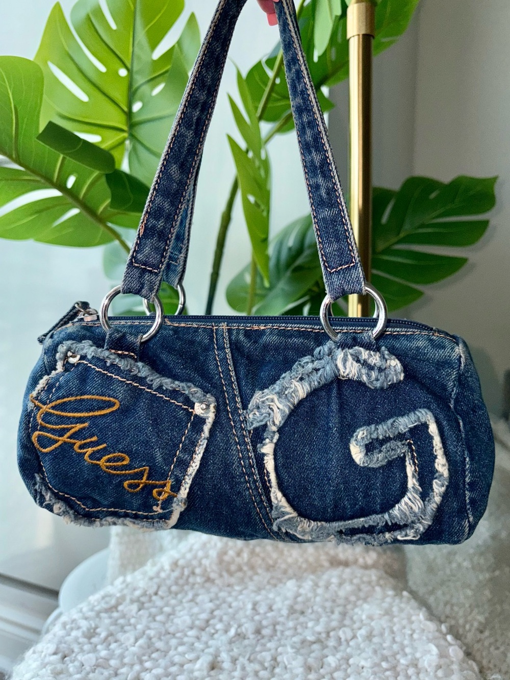 Vintage Y2K GUESS Denim Mini Barrel Shoulder Bag Frayed G Logo McBling Purse